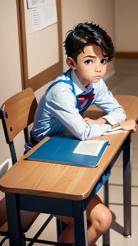 boy 10 years old sits at the table and does school homework