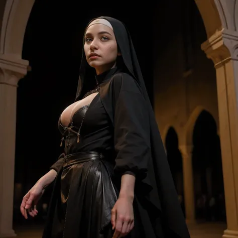 (in 8K,Raw photo,top-quality,超A high resolution,masterpiece:1.2),(Photorealsitic:1.37), (Gothic nun huge breasts), Set in the 1990s, Surreal makeup, Leather clothes with bare naked breasts in front of a mosk with muslim men around her at night, muslim, mo...