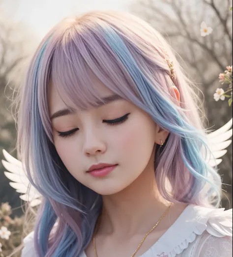 Alafed girl with closed eyes blue and pink hair and angel wings, Gwaites style artwork, cute realistic portrait, soft anime illustration, 8K high quality detailed art, Inspired by Yanjun Chen, anime style. 8K, beautiful anime portrait, fantasy art style, a...