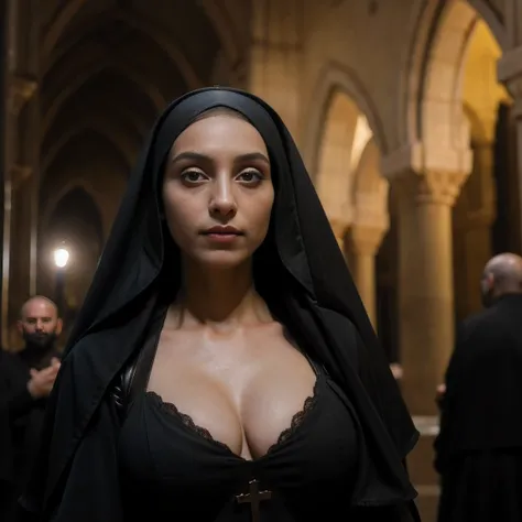 (in 8K，Raw photo，top-quality，超A high resolution，​masterpiece：1.2)，(Photorealsitic：1.37)， (Gothic nun huge breasts), Set in the 2020, Surreal makeup, Leather catholic clothes with bare naked breasts in front of a Turkish Mosk with Muslim men around her at n...