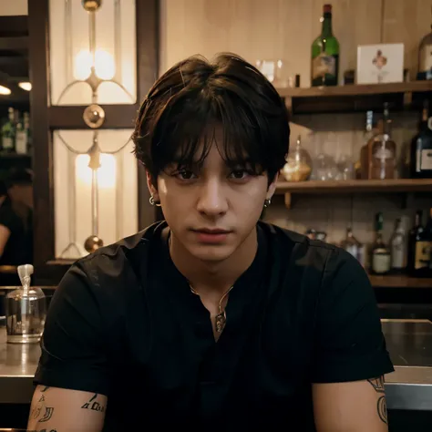 Jeon Jungkook em um bar, com camisa preta e pircing no nariz