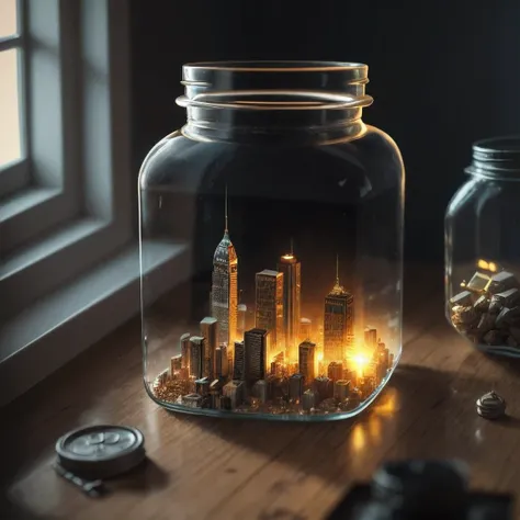 city inside a square glass jar with lid, placing on the windowsill, extremely detailed, 8K, apocalyptic punk style, miniatures, macro photography in close-up 