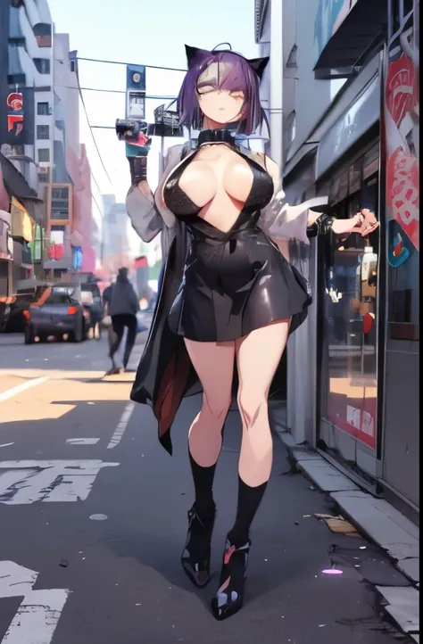 Anime girl with long hair and cat ears in the city, digital cyberpunk anime art, cyberpunk anime girl mech, female cyberpunk anime girl, cyberpunk anime girl, anime cyberpunk art, cute cyborg girl, Digital Cyberpunk - Anime Art, cyberpunk anime art, boobs ...