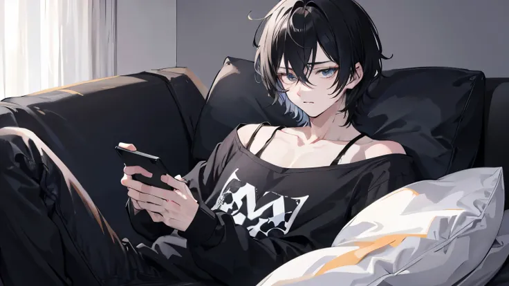 Anime male, short messy black hair, black eye color 1.5, handsome, 22 years old, wearing casual clothes, sleeping, playing games, upset face, high resolution, 8k