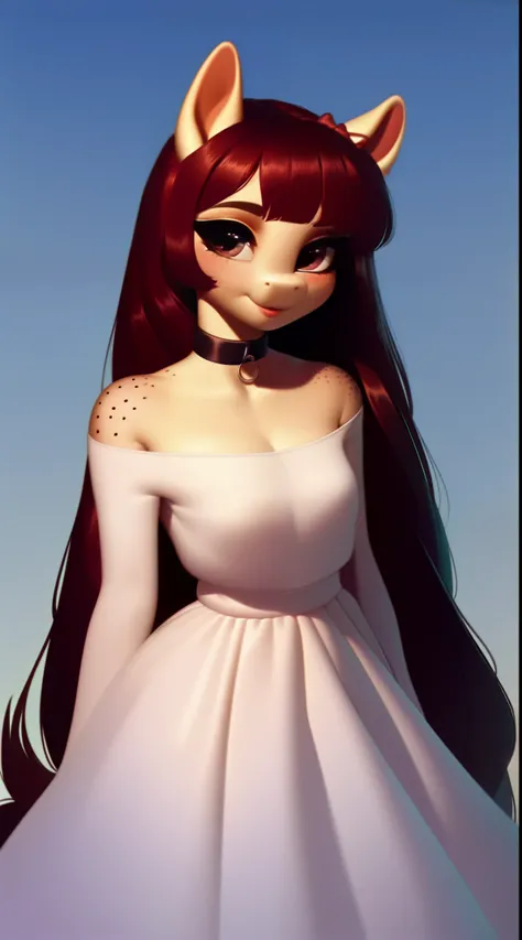 (score_9), (source_ derpibooru_p_95), (earth pony), ((anthro oc pony:1.1)), (long sleeve shoulderless Bouffant Dress With Choker), shy, blushing, solo, bangs, realistic detailed long hair, anatomically correct, flat chest, petite figure, high res, pink bot...