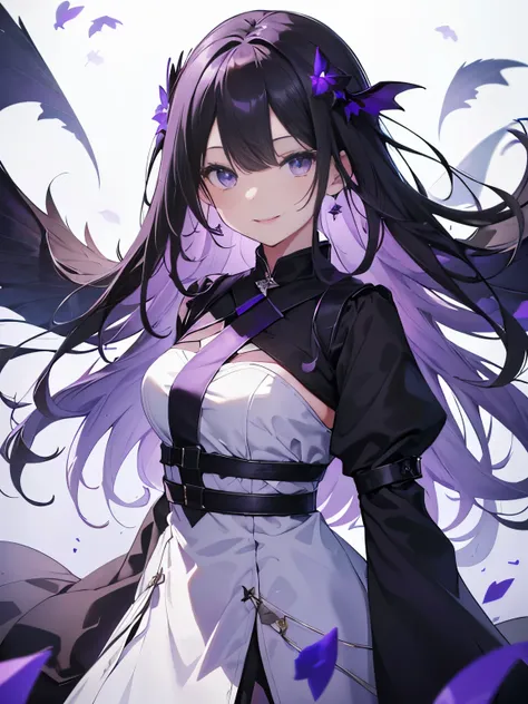 (debris flies, highest quality, ultra high resolution),1 girl,(black dress beautiful、detailed face, fine eyes,((white and purple theme)),standing in front of a pure white wall、facing forward,smile、smile,cheeks are red,whole body,Beautiful eyes that everyon...