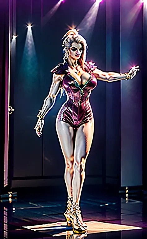 young woman, Beautiful face, boxing glove, latex suit, huge tits, RGB, white, gold, violet, FUR ARMOR FULL COSTUME, (split), transparent, HIGH LEGS, standing, sexy body, ABS MUSCLES.