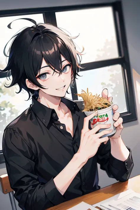 Anime male, short messy black hair, black eye color 1.5, handsome, 22 years old, wearing school, eating indomie in class, smiling face, high resolution, 8k