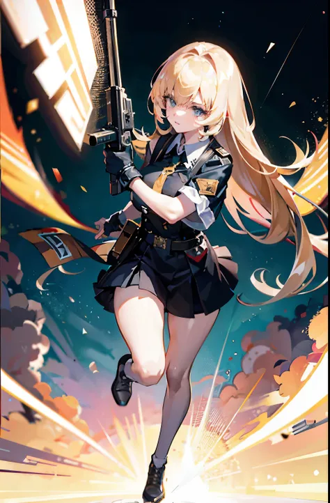 {{Masterpiece, top quality, highly detailed CG, unified 8k wallpaper, movie lighting, lens flare}}, girl shooting rifle, wide view, full body, thick body, long blond hair, green eyes, (holding a weapon, holding a rifle, aiming, aiming: 1.4), gun, h&k hk416...