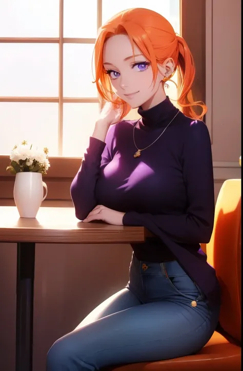 Beautiful woman (( Orange turtleneck cloth, jeans pants )), (( Background Cafe)), sitting in a chair , perfect body shape, orange hair, ponytail hairstyle, Shining Effect, Aura of comfort, gentle expression, smile, happy expression, very big breasts, very ...