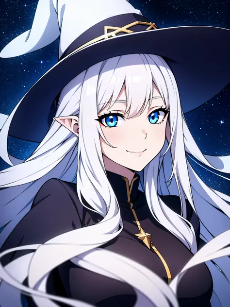 adult anime WITCH, long white hair , smiling , looking at viewer , nigth starry sky as background , 8k , ultrashaped , masterpiece , sharped ears , beautiful eyes , 2/3 body