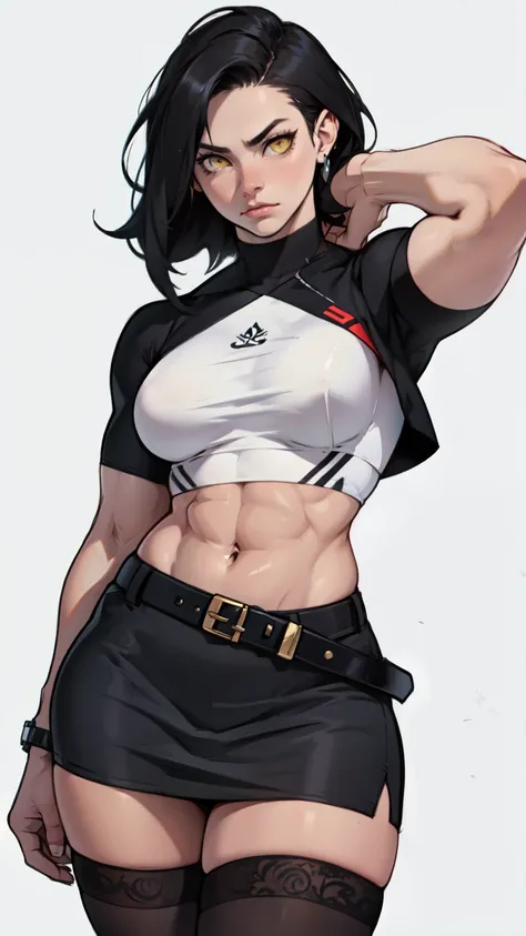 sad girl muscular girl thick girl pale skin girl black hair girl yellow eyes girl skindentation thigh highs pencil skirt crop top midriff navel abs lace garterbelt