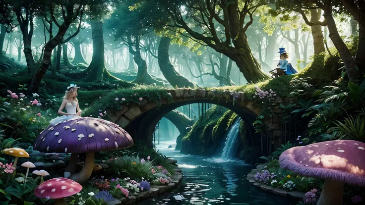 best quality,ultra-detailed,realistic:1.37,phenomenal lighting, Alice in Wonderland theme, colorful, impressionistic, ethereal, hazy garden scene, beautiful girl with curious eyes and rosy lips, sunken eyes reflecting wonder, long flowing hair, butterflies...