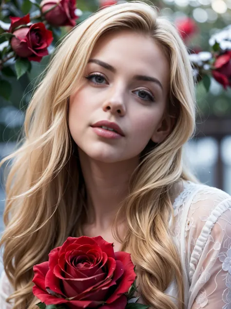 Masterpiece, ultra realistic. Front facing picture. ((The First low third of the picture is full of blurry red roses)). Behind the roses is a leaning forward ultra hot gorgeous European woman, age 23, wavy blonde hair, sheer lace, she’s smelling the roses ...