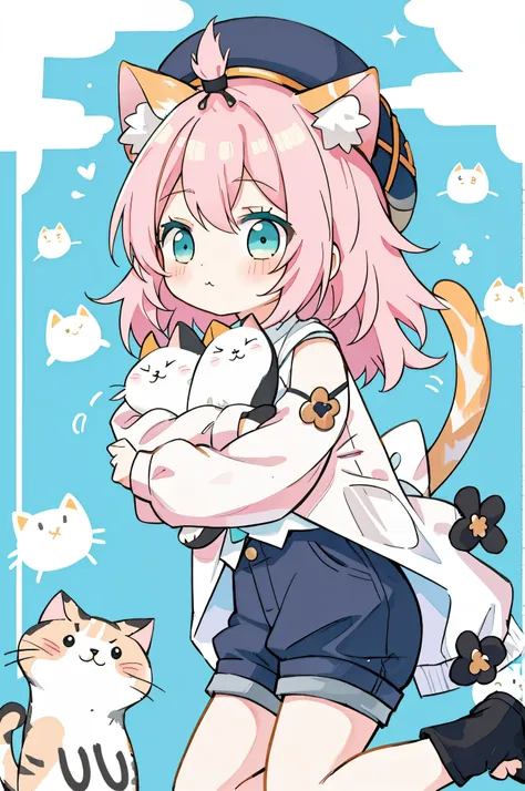 1 girl solo, pink hair, cat ears, cat tail, white shirt, teal eyes, black shorts, dark blue hat, cats and kittens, cute, kawaii