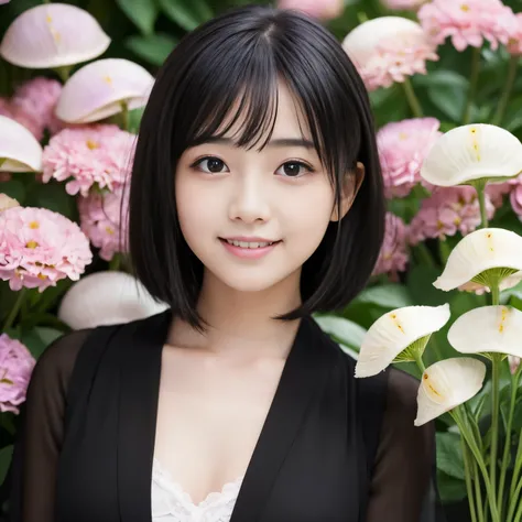 Best-quality, Masterpiece, Ultra-High-Resolution, (Photorealistic:1.4), Raw-Photo, 1girl, 18-years-old, the most famous Japanese idol, at flower-shop, extremely cute face like a most popular Japanese idol, (((((extremely beautiful big-black-eyes))))), extr...