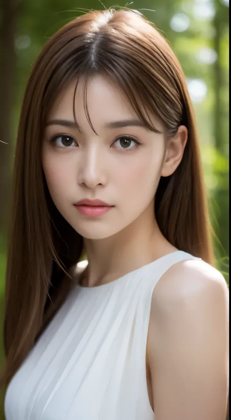 1 female, close up of face, medium chest, light brown hair, dull bangs, hair behind the ear, shoulder hair, long hair, slender b...