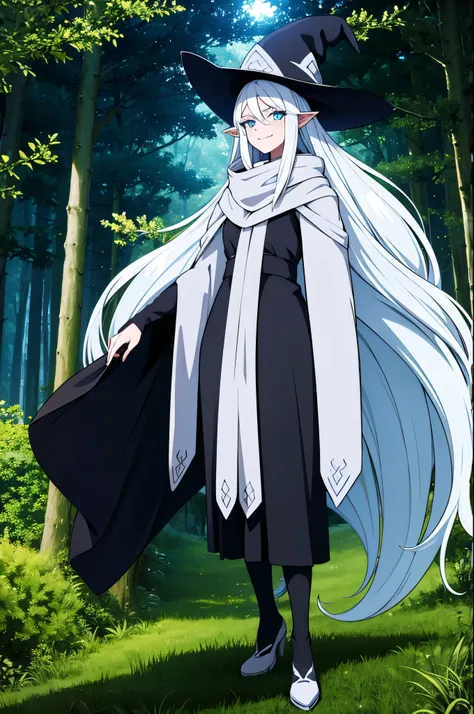 adult WITCH, long white hair , smiling , looking at viewer , forest at night time as background , 8k , ultrasharped , masterpiece , sharped ears , beautiful eyes , almost full body