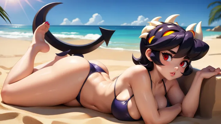 Filia, bikini, thong, huge ass, huge boobs, long legs, seductive look, feminine lips, feminine hands, nails, face view, lying in the sand, tummy,