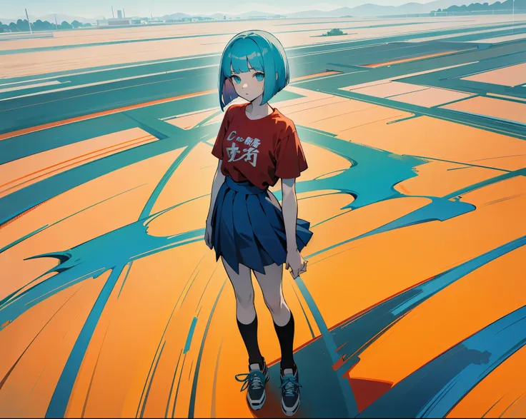 1girl, pale skin, aqua eyes, light blue hair, bob cut, red t-shirt, blue skirt, red sneaker, full body view, open field, from above, from outside, atmospheric perspective, perspective, anime style, high quality, highres