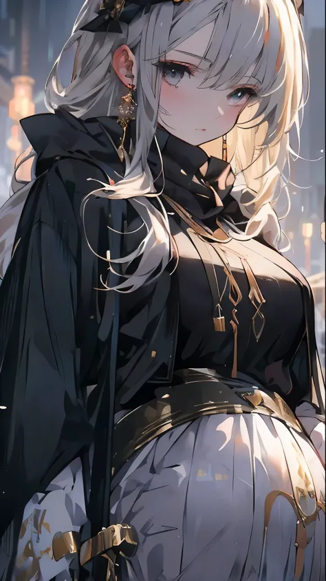 Golden hairpin, white ash hair, black shirt, white skirt, (black cloak:1.2), pale face, sweating, heavy breath, blushing, pregnancy  dresest quality:1.2), ultra-detailed,realistic ,portraits, vivid colors, soft lighting, interesting PoV, stocking, straight...