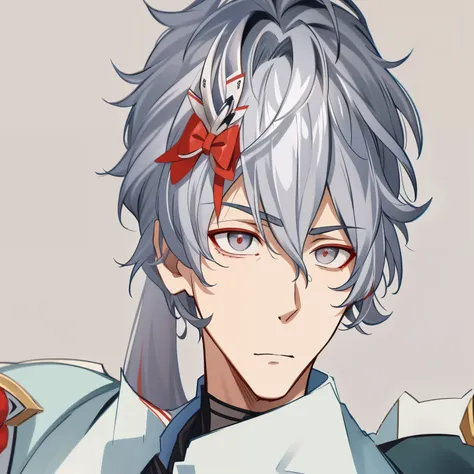 anime boy with gray hair and red bow on his head, keqing do impacto genshin, Nagito Komaeda, handsome guy in demon slayer art, acionar estilo de arte de anime, ele tem cabelos grisalhos escuros, personagem de anime masculino, zhongli do impacto genshin, a ...