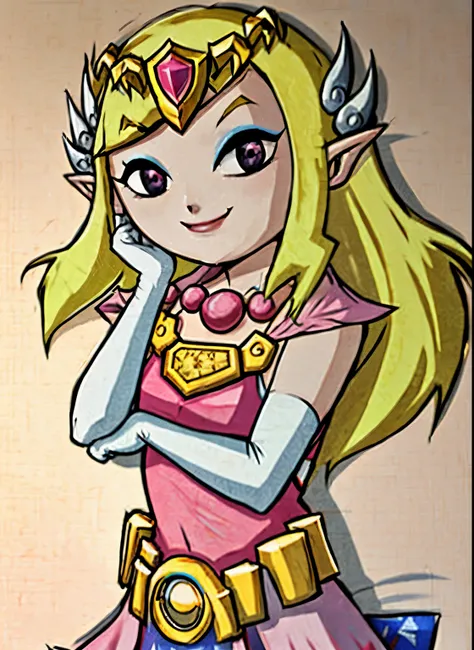 toon zelda, 1girl, solo, long hair, smile, blonde hair, gloves, dress, jewelry, pointy ears, elbow gloves, belt, necklace, black...