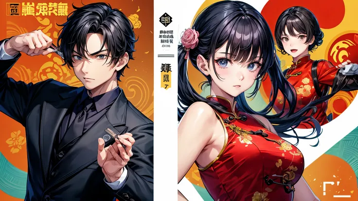 A doujinshi cover featuring a young detective and a woman in a back-to-back Chinese dress, com alguns elementos de 007, battle manga,