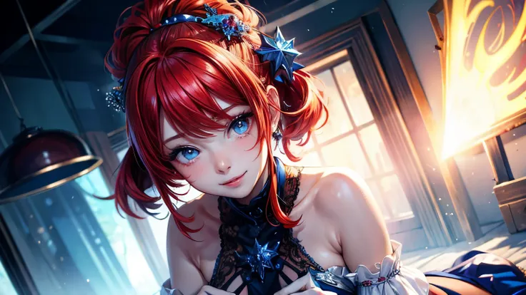 (masterpiece,best quality:1.5), photorealistic, vivid, vibrant ,1girl, solo, looking at viewer, crystalise eyes, blue clothes, red hair  cystalize hair ornaments, glowing, snow, glowing eyes, smiling