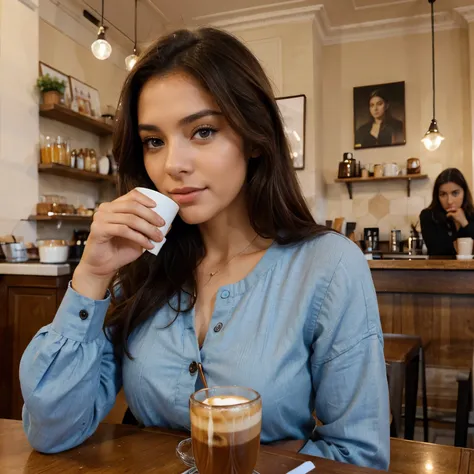 Beautiful latina woman, 26 years old, brown hair, blue eyes, drinking coffee in a parisian cofe shop
