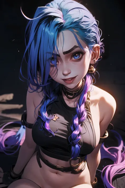 Nsfw, Jinx, league of legends, (master part, best quality;1.3), extremamente detalhado ,ultra detalhado, 1girl,sozinho, seios pequenos, sorriso maligno, ornamento de cabelo, Brincos, Olhando para o Viewer, mini saia, micro bra, olhos roxos, 4k resolution, ...