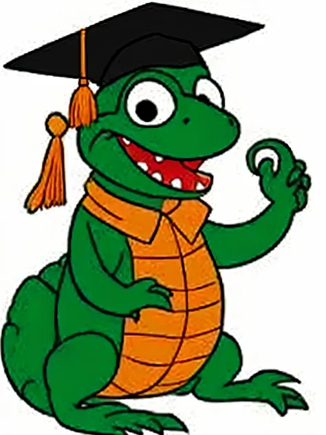 cartoon alligator with a green and orange body and orange tail, swampy, anthropomorphic alligator, reptil, lizardman, lizardfolk, cartoon image, all mimsy were the borogoves person, cartoon creature, inspired by schni schna schnappi reptile with graduation...