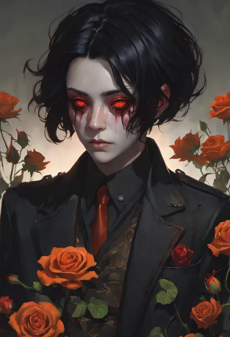 (arielpstyle:1.0), dark, horror, creepy, creepy-looking, painting, lovecraftian, , , ameinu, black hair, black jacket, brown hair, demon, flower, highres, jacket, orange eyes, red flower, red rose, rose, shirt, short hair, white shirt high saturation detai...