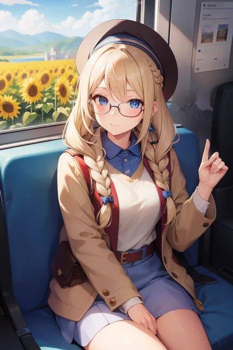 a blonde girl, her hair in braids that cascades down to her shoulder, blue eyes are accentuated by a pair of round glasses. the girl is sitting on a train, with the view from the train window to Big ben in london. She is wearing a winter outfit with a sunf...