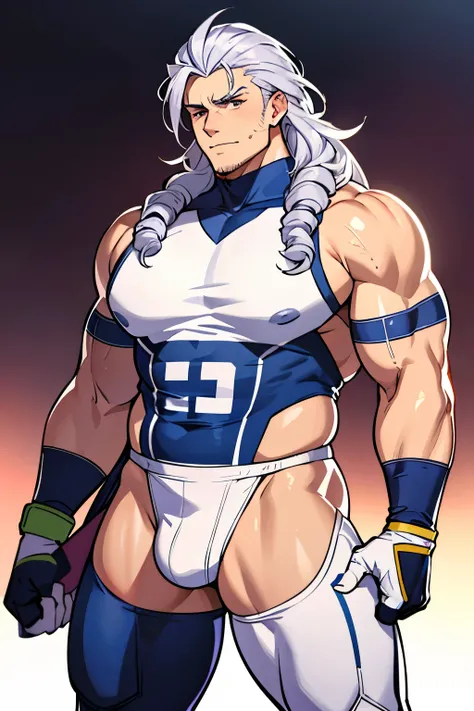 1 man with long curly white hair, silver hair, messy bangs, Sunkissed tan skin, purple magenta eyes, handsome, gloves, earrings, veins on arms and hands, sweaty skin, American football player, tight football uniform, on football field, white happy trail, b...