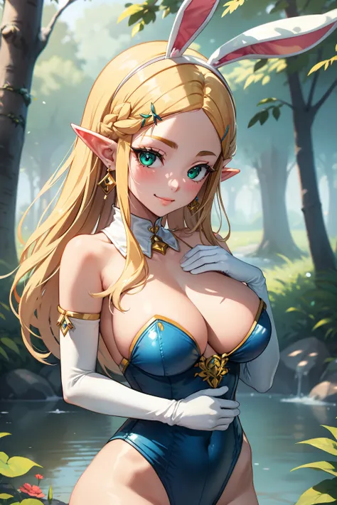 Zelda, green eyes, long hair, 1girl, solo, perfect breasts, ,earrings glossy lips ,looking at viewer, blush, large breasts, nature, pond, trees, park, long white elbow satin gloves, holding, animal ears, cleavage, bare shoulders, jewelry, very l, gentle sm...