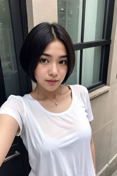 Generate Burmese girl with short hair white t shirt with a flannel on to wearing jeans taking a selfie.