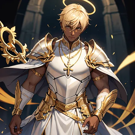 1 boy, ((dark skin)), ((wearing white and gold Armor)), (Wearing a golden cross necklace), short hair, blonde hair, golden eyes, halo on the head, Segurando uma espada