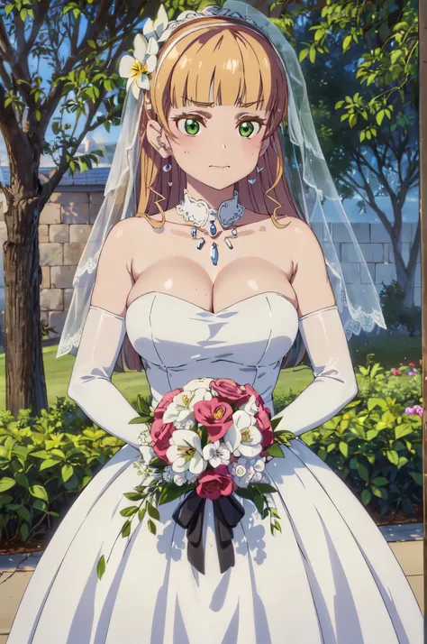 (((Pixel perfect, Perfect details))), alone, 1 girl, pansy henna,  looking at the audience, ponytail，Gurwitz，pillory，Head flail，hand flail，flail，(bridal veil:1.5），（short sheer veil：1.5），Blushing face，Head flower，headgear，（tube top wedding dress：1.5），（Silk ...