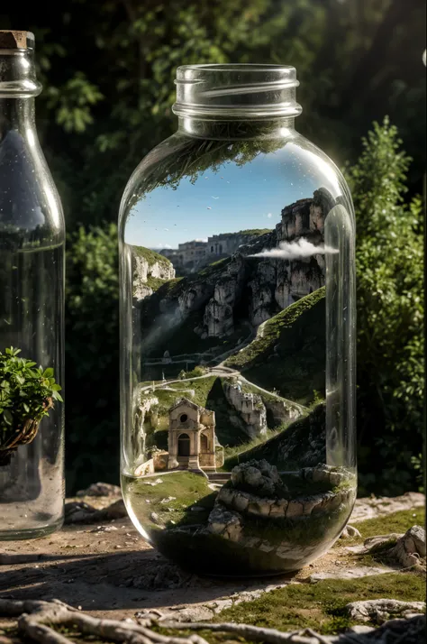 (An intricate sassi_di_matera landscape trapped in a bottle), (chemtrails inside the bottle), atmospheric oliva lighting, on the table, 4k UHD, dark vibes, hyper detailed, vibrant colours forest background, epic composition, octane render, sharp focus, hig...