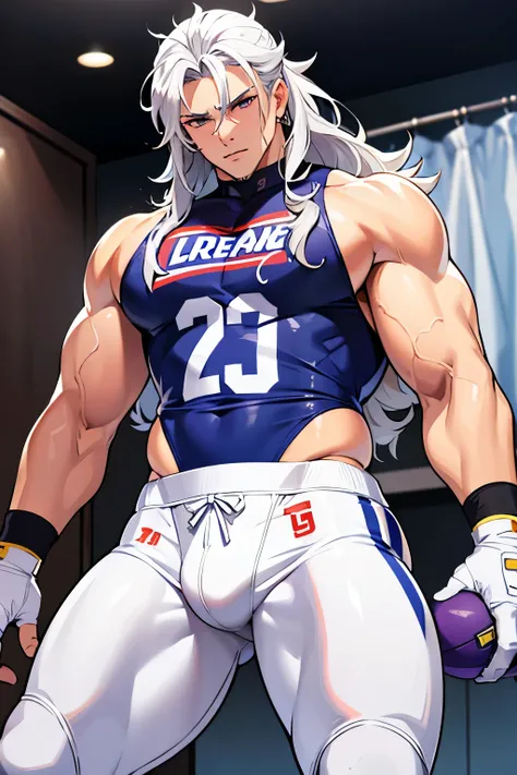 1 man with long curly white hair, silver hair, messy bangs, Sunkissed tan skin, purple magenta eyes, handsome, gloves, earrings, veins on arms and hands, sweaty skin, American football player, tight football uniform, on football field, white happy trail, b...