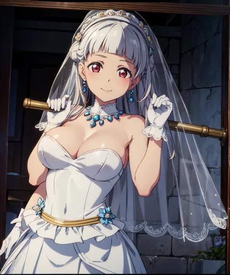 (((Pixel perfect, Perfect details))), alone, 1 girl, Lan Qianli, looking at the audience, Smile,ponytail，Gurwitz，pillory，Head flail，hand flail，flail，(bridal veil:1.5），（short sheer veil：1.5），Blushing face，Head flower，headgear，（tube top wedding dress：1.5），（S...