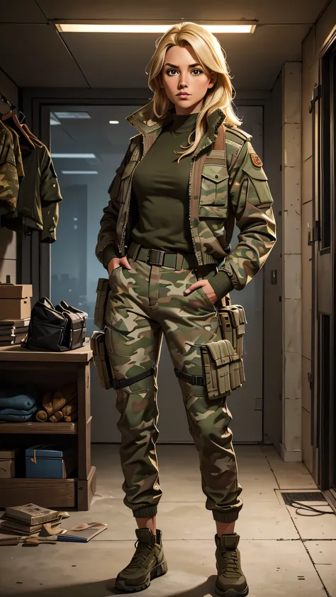 high resolution, obra de arte, perfect lighting, florescer, cinematic lighting, adulto, Female, olhando para o espectador, tronco, 1 garota, loiro, camouflage pants, jaqueta, military jaqueta, Hands in pockets, na frente do espectador, colete a prova de ba...