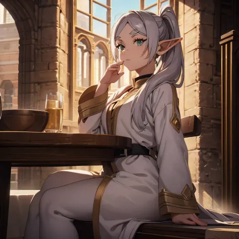 An elf girl,Double ponytail gray hair、white robe and skirt、black legging pants、Brown boots,green eyes,parted bangs,thick eyebrows,beautiful Finger,beautiful character design, official art,Extremely detailed CG unification, perfect lighting,colorful, (the b...