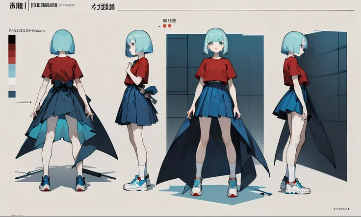 1girl, pale skin, aqua eyes, light blue hair, bob cut, red t-shirt, blue skirt, white socks, red sneaker, anime style, reference sheet