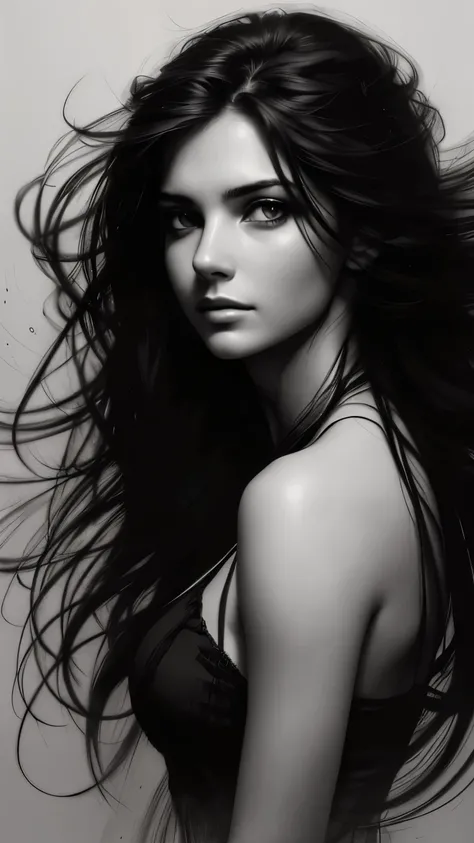 A black and white portrait of a beautiful young woman, with long windy hair, in the style of Mark Demsteader