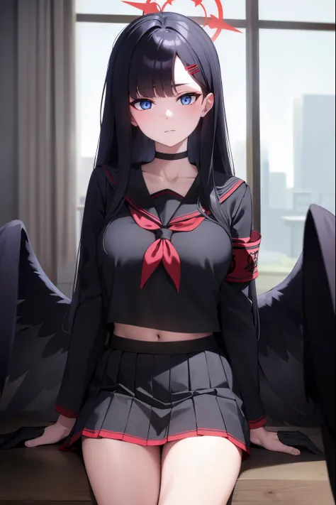 ichikanakamasa, ichika nakamasa, ahoge, black hair, black wings, feathered wings, hair ornament, hairclip, halo, long hair, low wings, red halo, wings,
BREAK armband, black choker, black gloves, black sailor collar, black serafuku, black skirt, choker, glo...