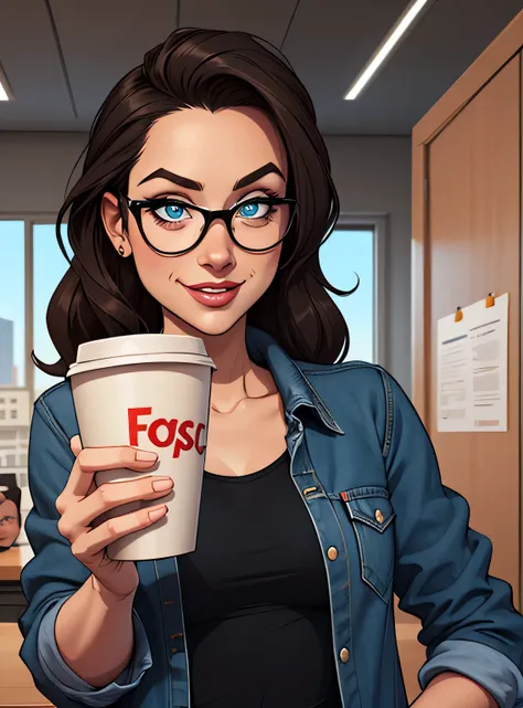 (estilo de desenho animado:1.2),  girl drawing with glasses, vestindo uma camisa preta e jaqueta jeans, olhos perfeitos, rosto detalhado, holding a cup of coffee, office background, pose divertida, seios pequenos 