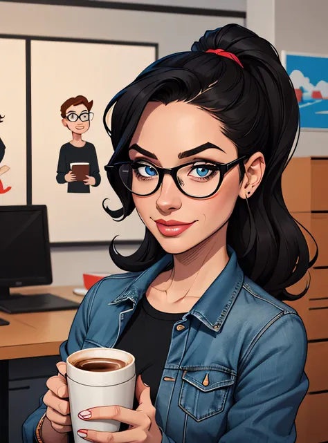 (estilo de desenho animado:1.2),  girl drawing with glasses, vestindo uma camisa preta e jaqueta jeans, olhos perfeitos, rosto detalhado, holding a cup of coffee, office background, pose divertida, seios pequenos 