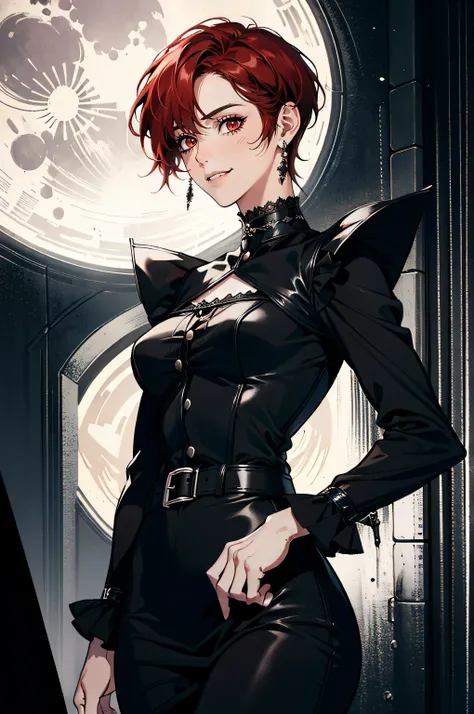 (absurdres, highres, ultra detailed), 1 girl, adult, handsome, tall, broad shoulders, finely detailed eyes and detailed face, black leather clothes, night, smile, dutch angle, short red hair, pixie hair, moon, forest, silver details, earrings, black chocke...